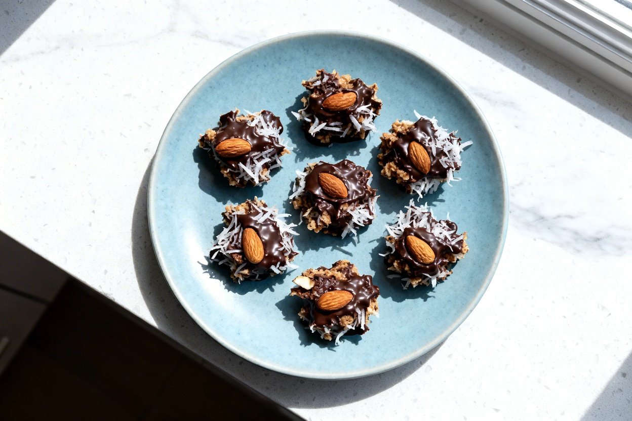 top-down food photo of keto Almond Joy Coconut Clusters: small rustic bite-size clusters made from u
