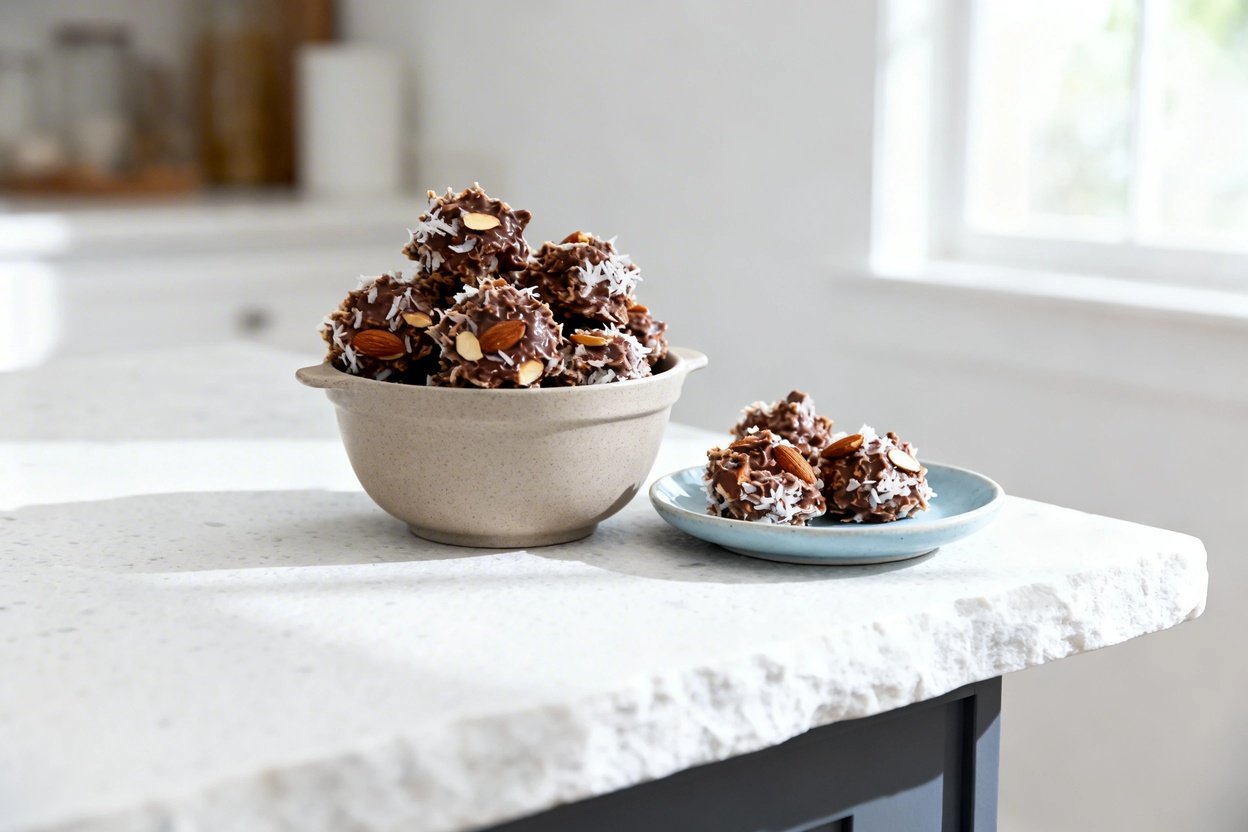 –40 degree photo of the exact same finished keto Almond Joy Coconut Clusters (same craggy coconut-an