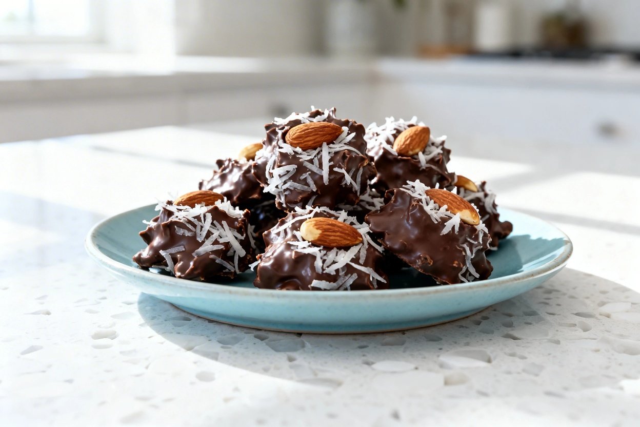  shot at 30–45 degrees of the same keto Almond Joy Coconut Clusters plated on the identical light bl