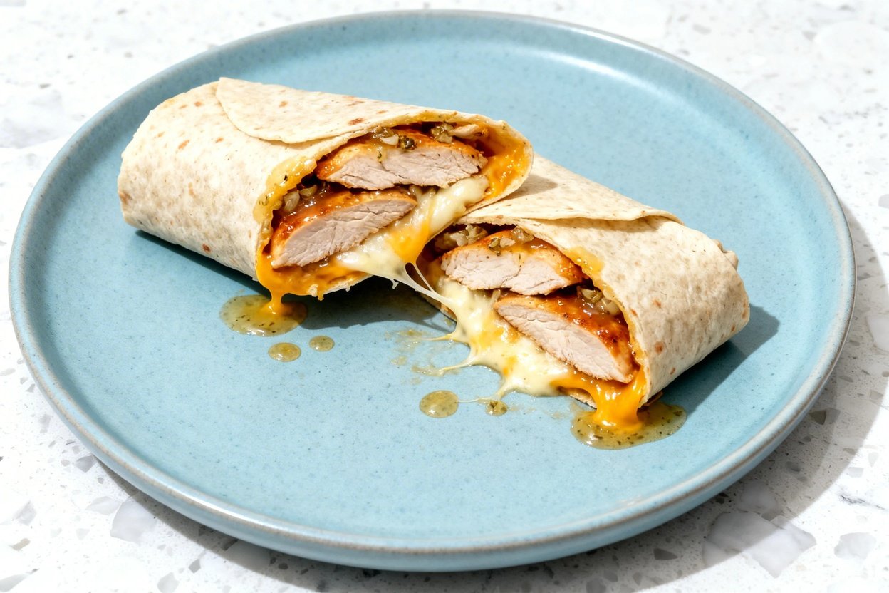 top-down food photo of the finished keto dish: low carb cheesy garlic chicken wraps, a single servin