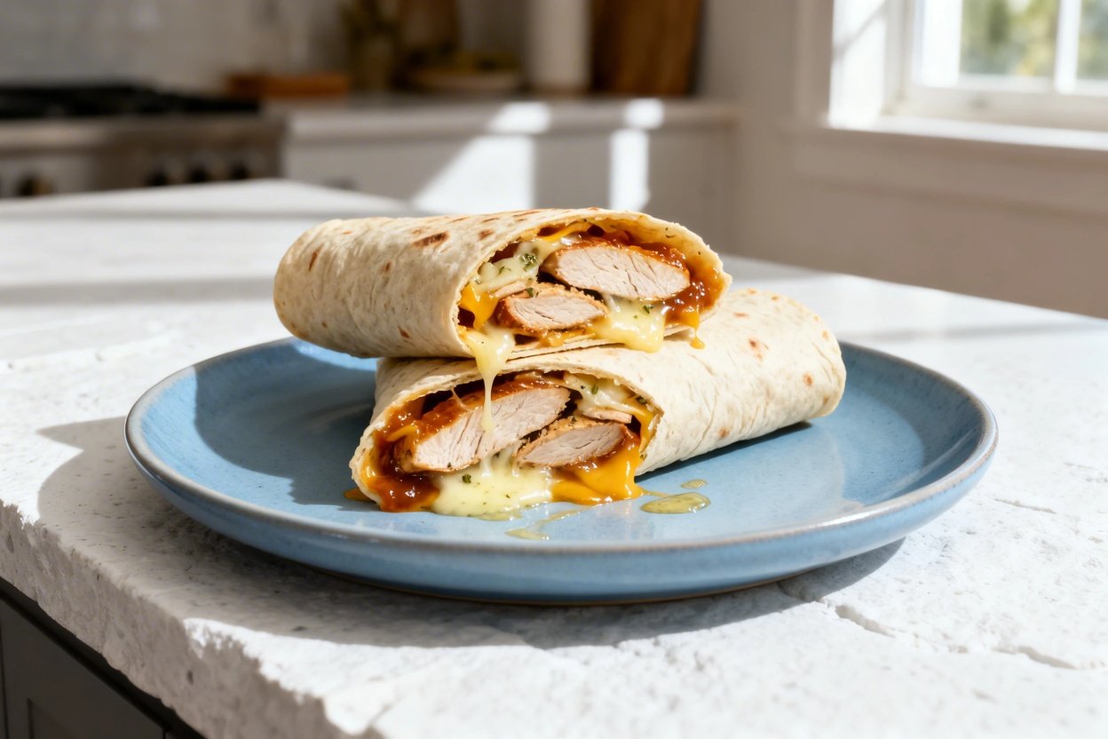  shot at 30–45° of the same plated serving: low carb cheesy garlic chicken wraps, a single low-carb 