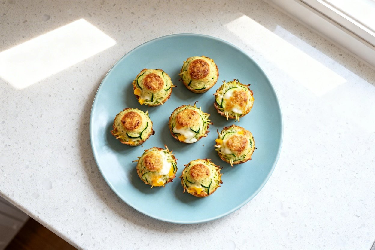 top-down food photo of low carb cheesy zucchini bites (mini muffin-shaped baked bites), a single se
