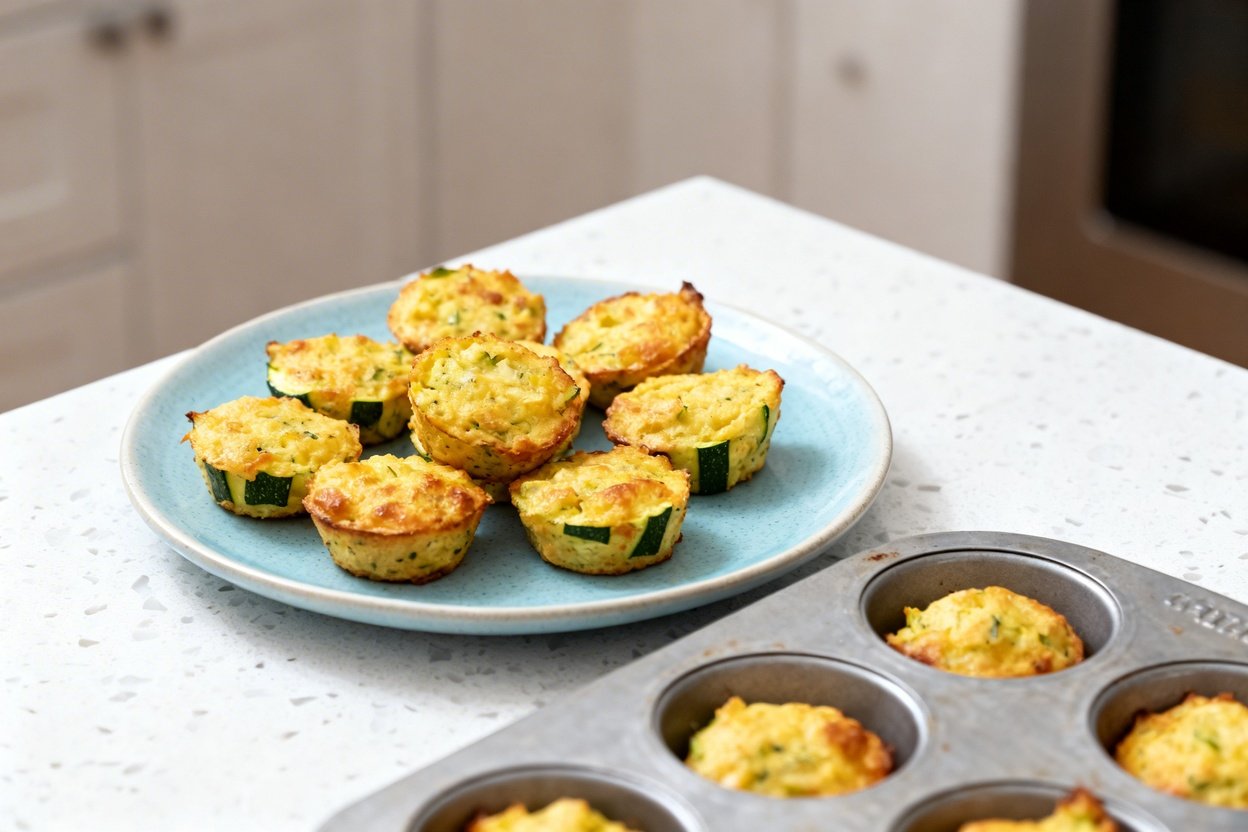 –40° camera perspective of the same finished low carb cheesy zucchini bites (mini muffin-shaped bake