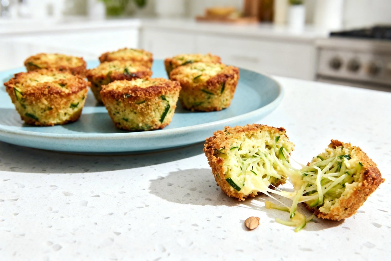  shot at ~30–45° of the same low carb cheesy zucchini bites on the same light blue ceramic plate, fo