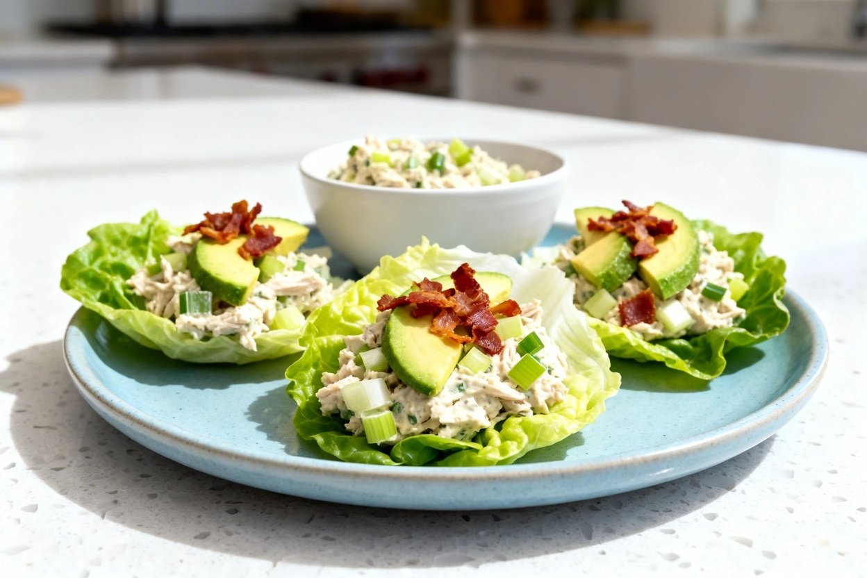 –40° perspective of the exact same finished low carb chicken salad lettuce wraps, same portion count