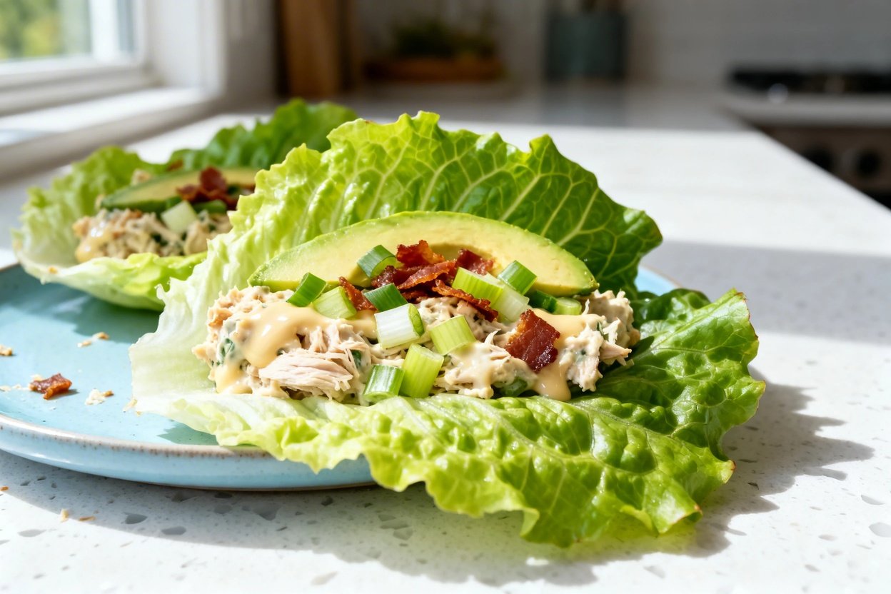  shot at ~30–45° of the same plated low carb chicken salad lettuce wraps on the same light blue cera