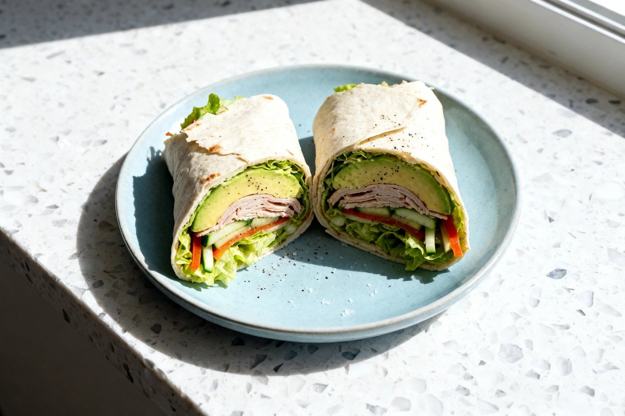  top-down food photo of the finished dish: low carb turkey avocado wraps cut into equal halves (hand