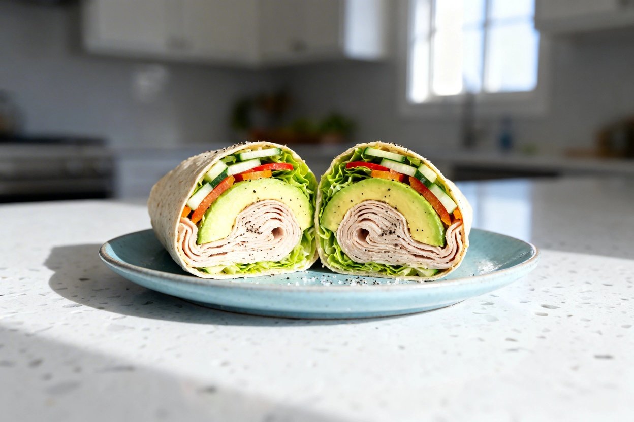 bout 35°) realistic home kitchen photo of the exact same finished low carb turkey avocado wraps cut