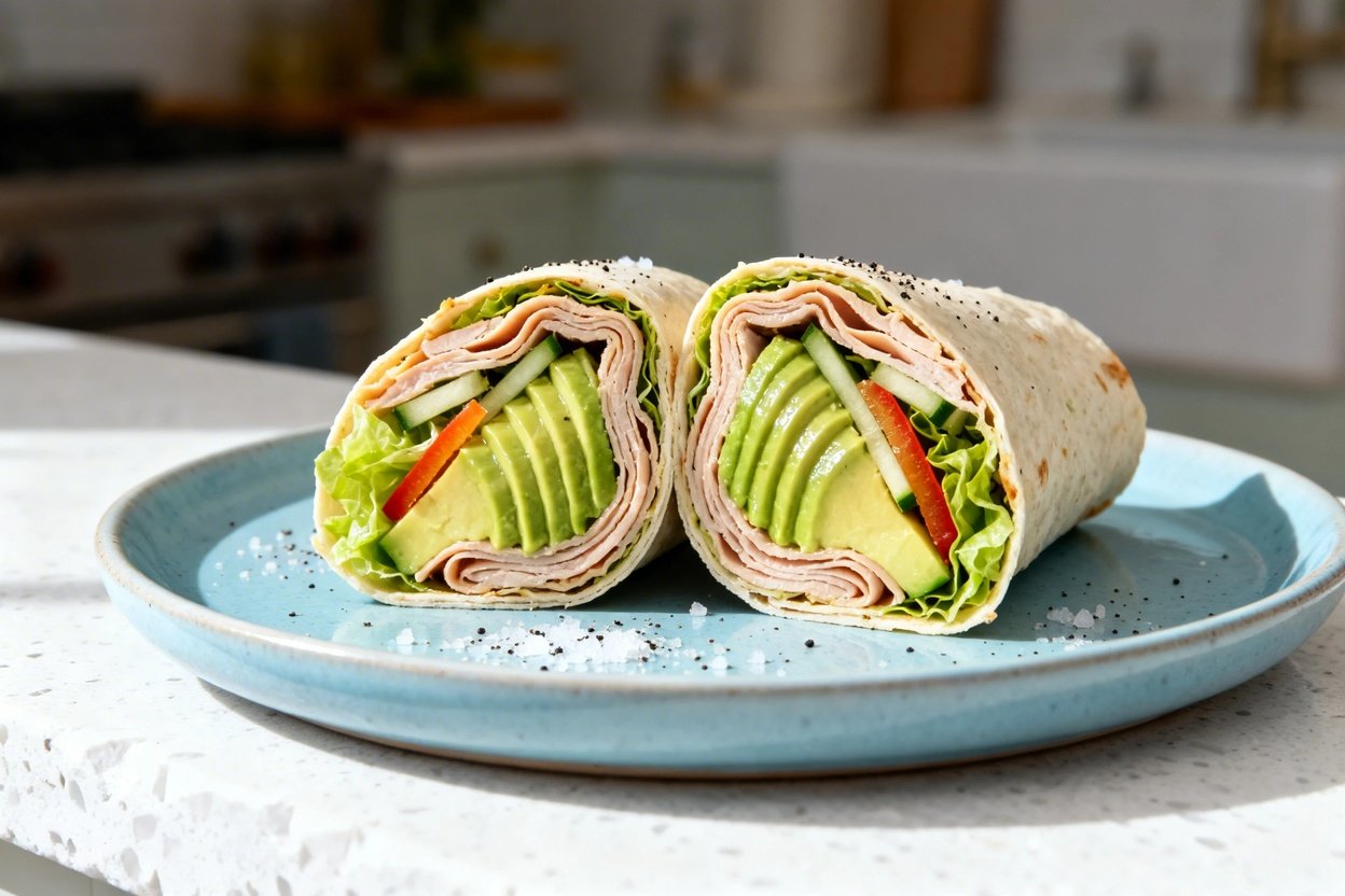  shot (about 40–45°) emphasizing textures of the same finished low carb turkey avocado wraps cut int