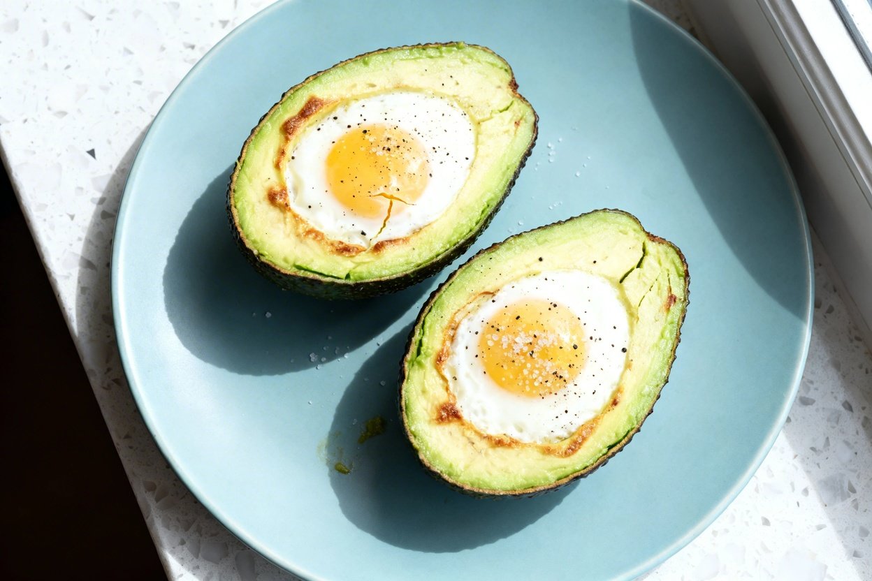 top-down food photo of a single serving of keto avocado egg cups: two halved ripe avocados (skins o