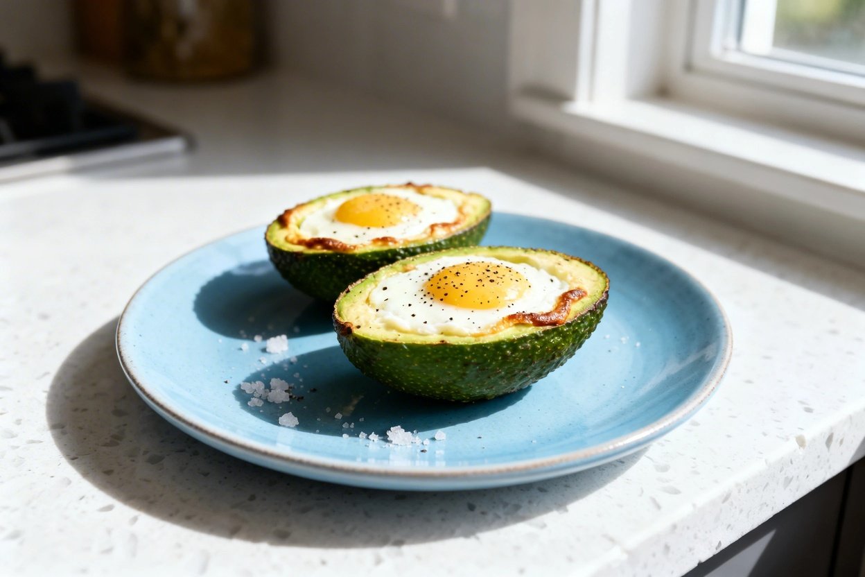 bout 35°) photo of the exact same finished keto avocado egg cups: two baked egg-filled avocado halve