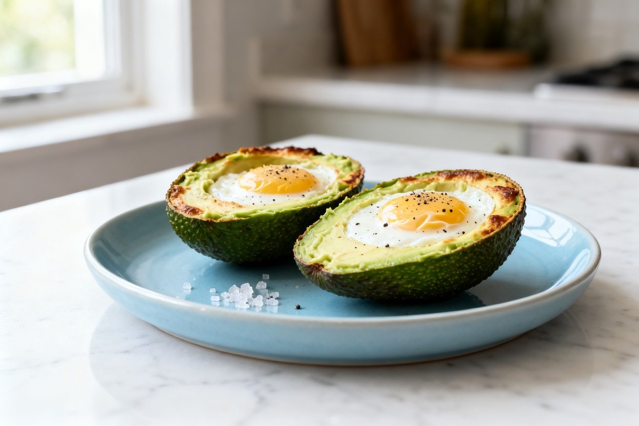 shot (about 40–45°) emphasizing texture of the same finished keto avocado egg cups on the same ligh