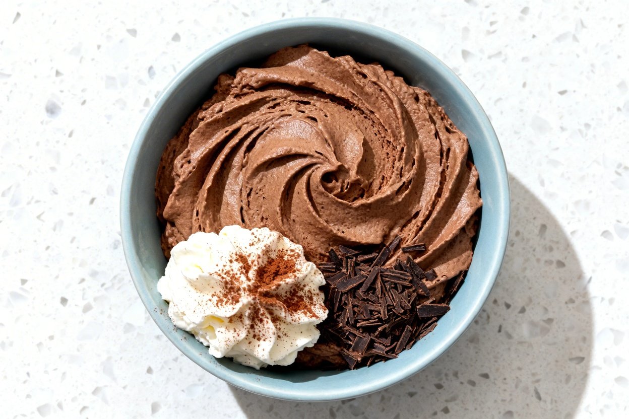 top-down food photo of a single serving of decadent keto chocolate mousse: a fluffy, airy, whipped c