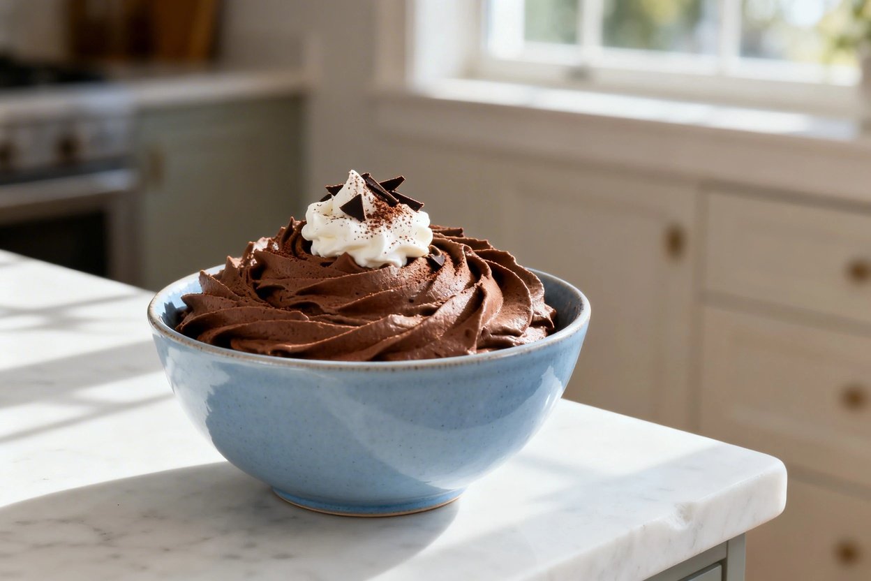 bout 35 degrees) realistic home kitchen photo of the exact same finished keto chocolate mousse porti