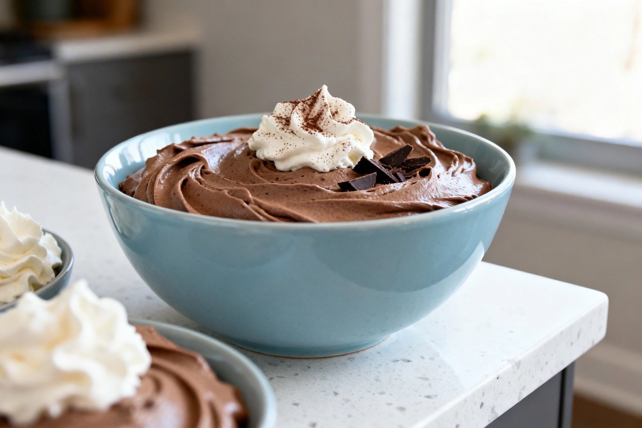  shot (about 40–45 degrees) of the same finished keto chocolate mousse in the same light blue cerami