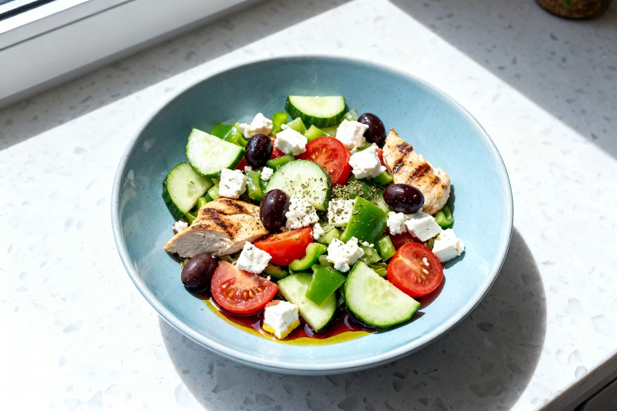 top-down food photograph of a single serving low carb Greek salad bowl, centered and filling 70–80%