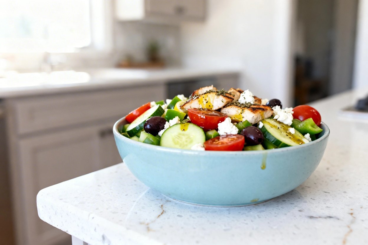 bout 30–40 degrees) realistic food photo of the exact same finished low carb Greek salad bowl from t