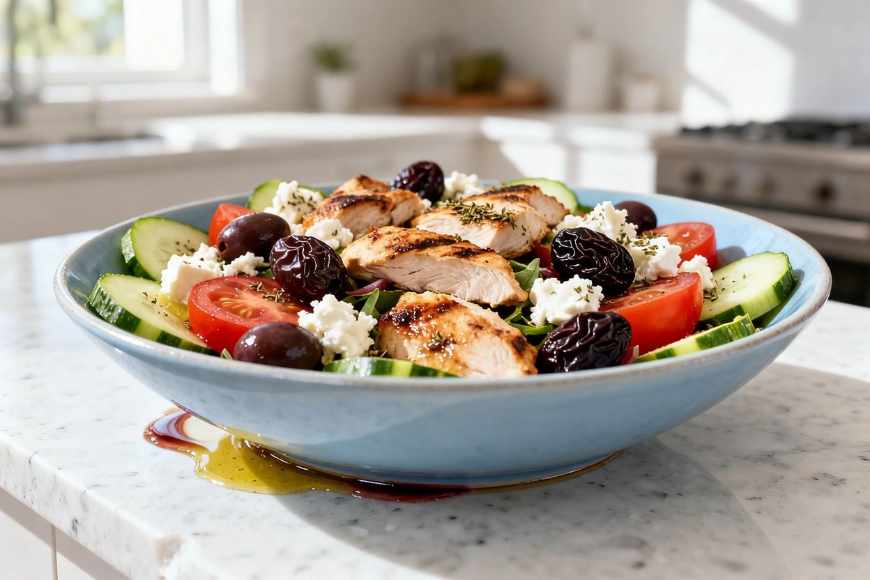  shot (about 30–45 degrees) of the same finished low carb Greek salad bowl on the same light blue ce