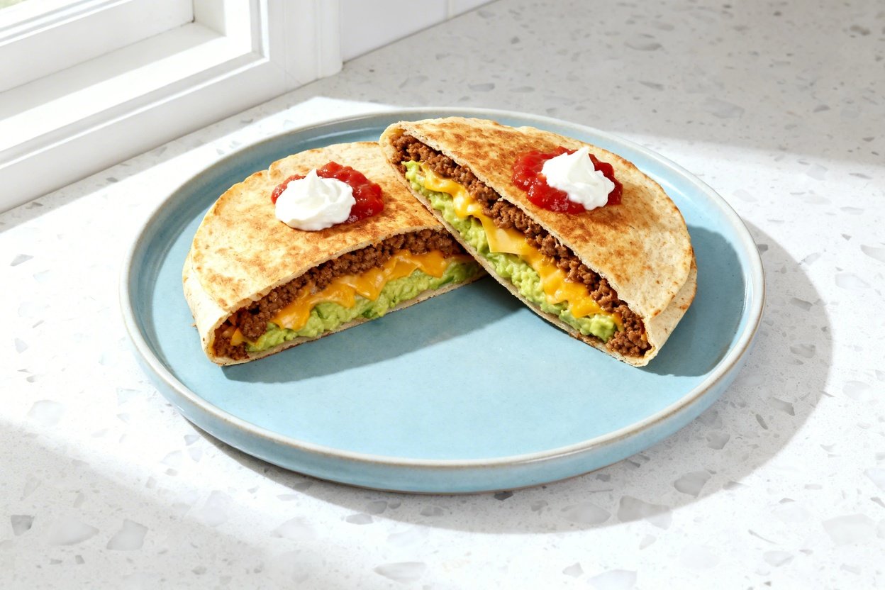 top-down food photo of a single serving keto crunch wrap, cut cleanly in half and arranged in a casu