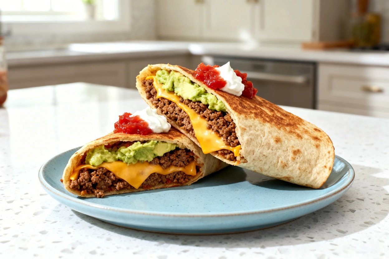 –40 degree camera view of the exact same keto crunch wrap presentation: one toasted low-carb crunch