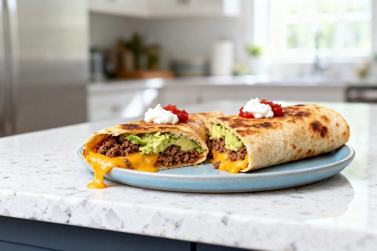 shot at approximately 30–45 degrees focusing on texture of the same finished keto crunch wrap: the