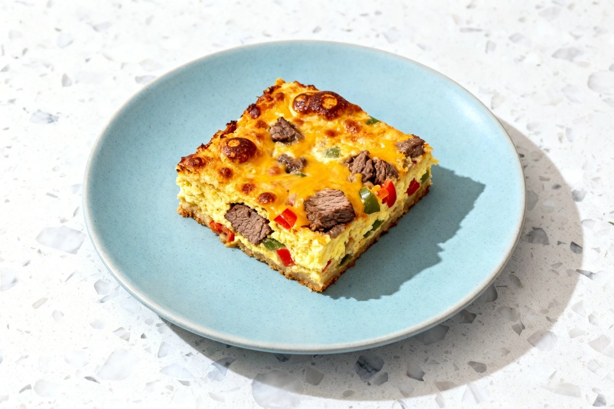 top-down food photo of a single serving square of Steak and Cheese Spicy Breakfast Bake centered on