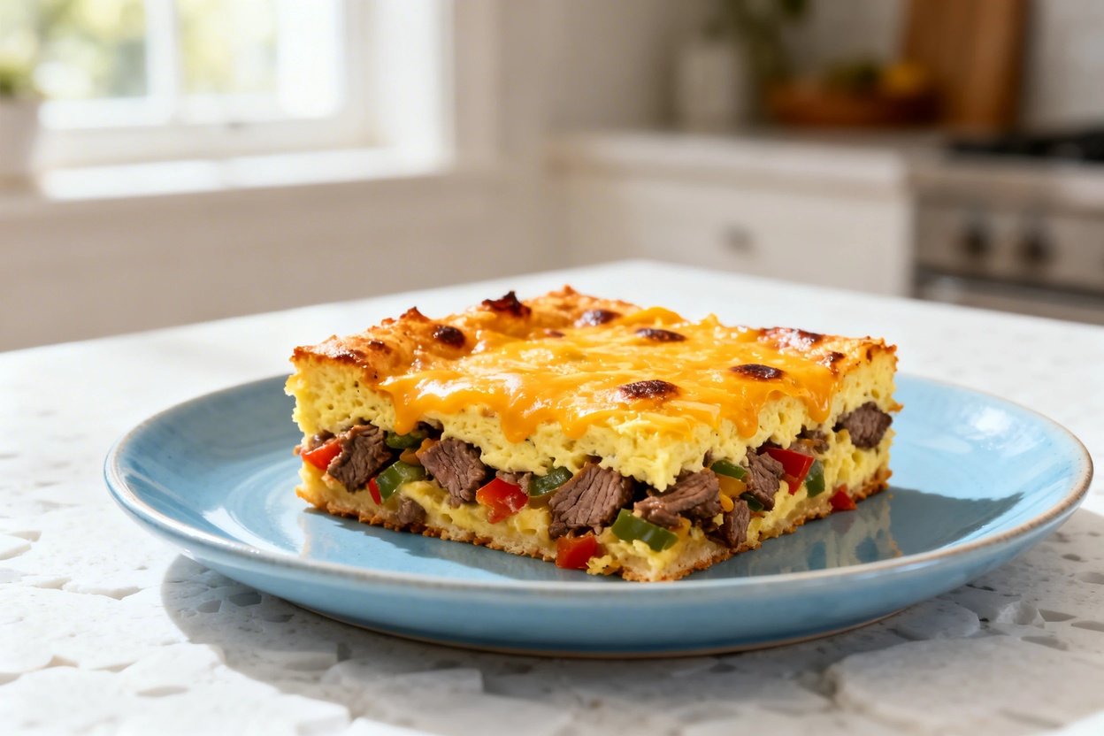 bout 35 degrees) realistic food photo of the exact same Steak and Cheese Spicy Breakfast Bake portio