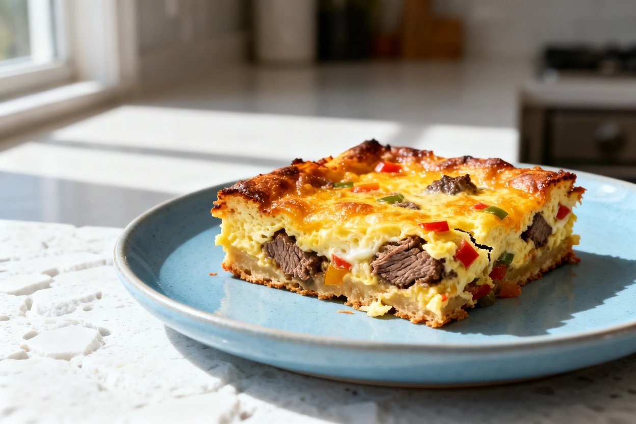 shot (about 40–45 degrees) of the same plated serving: a single square slice of Steak and Cheese Sp