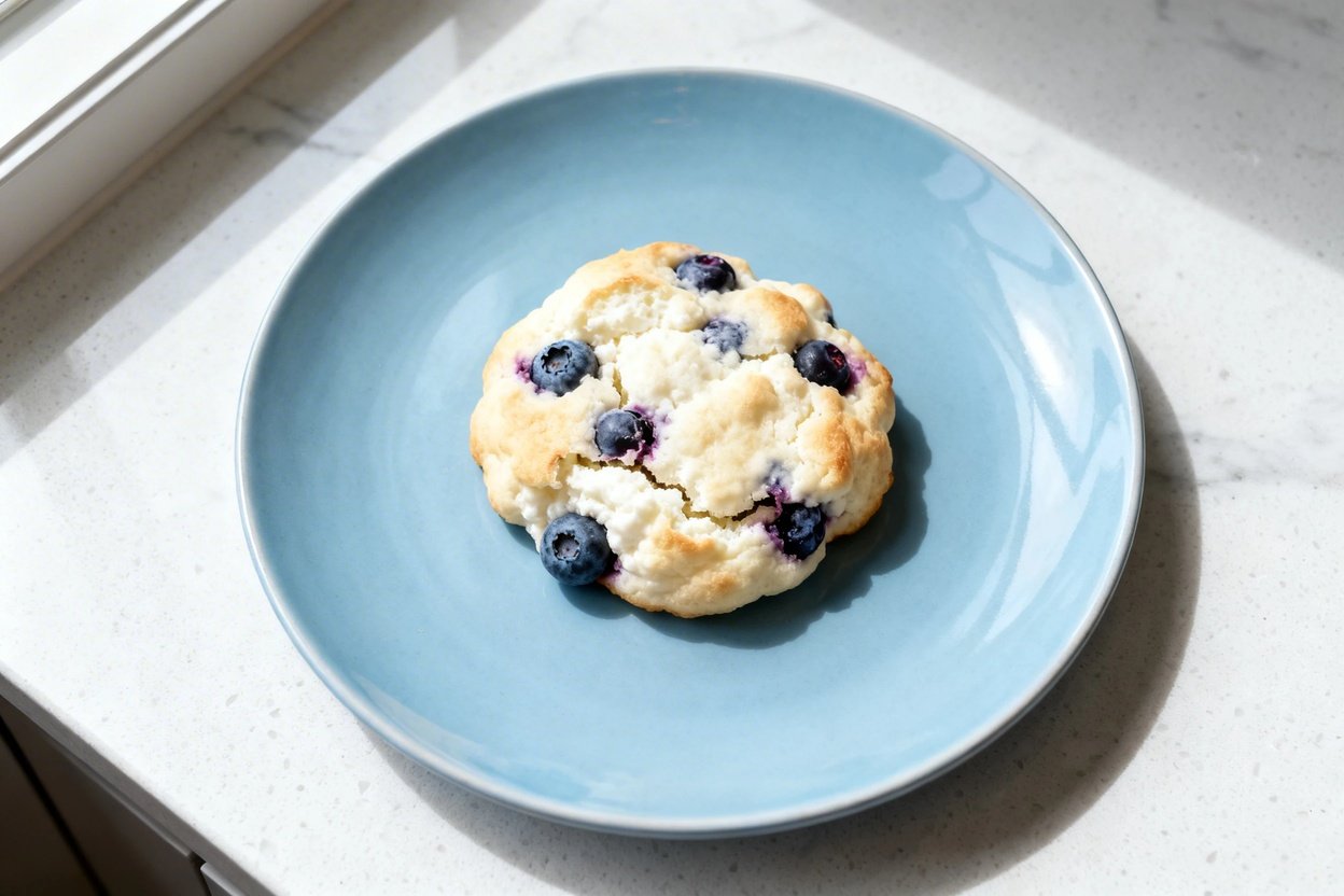 top-down food photo of a single serving of fluffy cottage cheese blueberry cloud bread, presented as