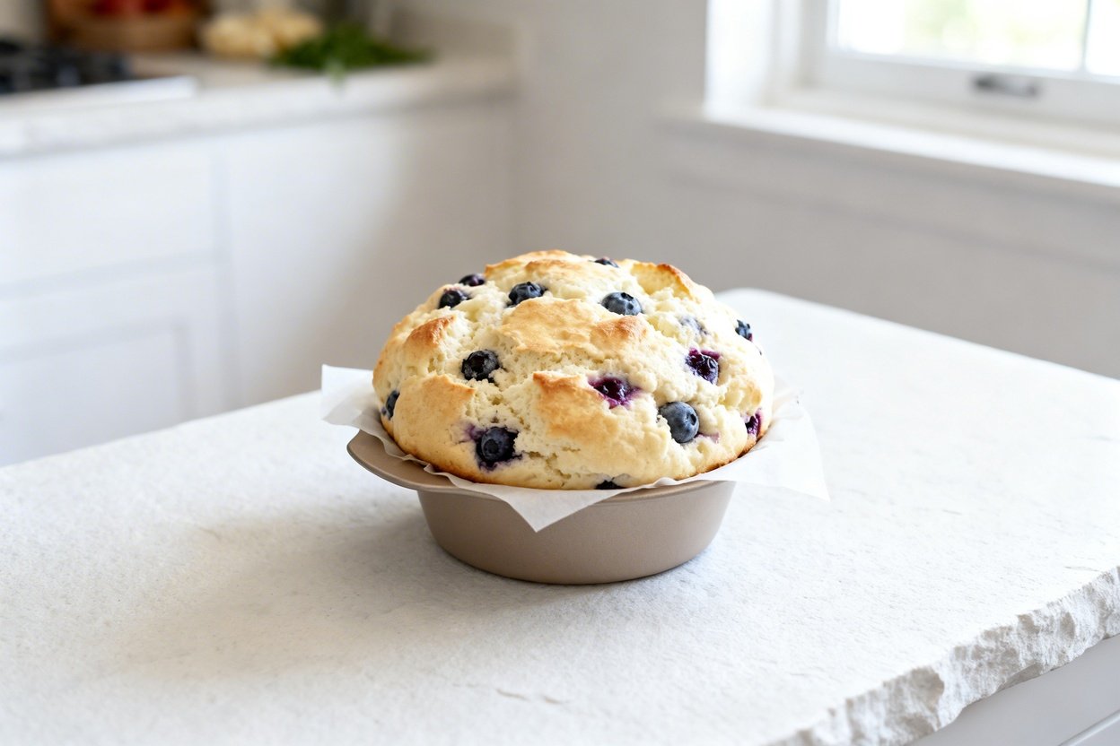 bout 35°) realistic food photo of the exact same finished fluffy cottage cheese blueberry cloud brea