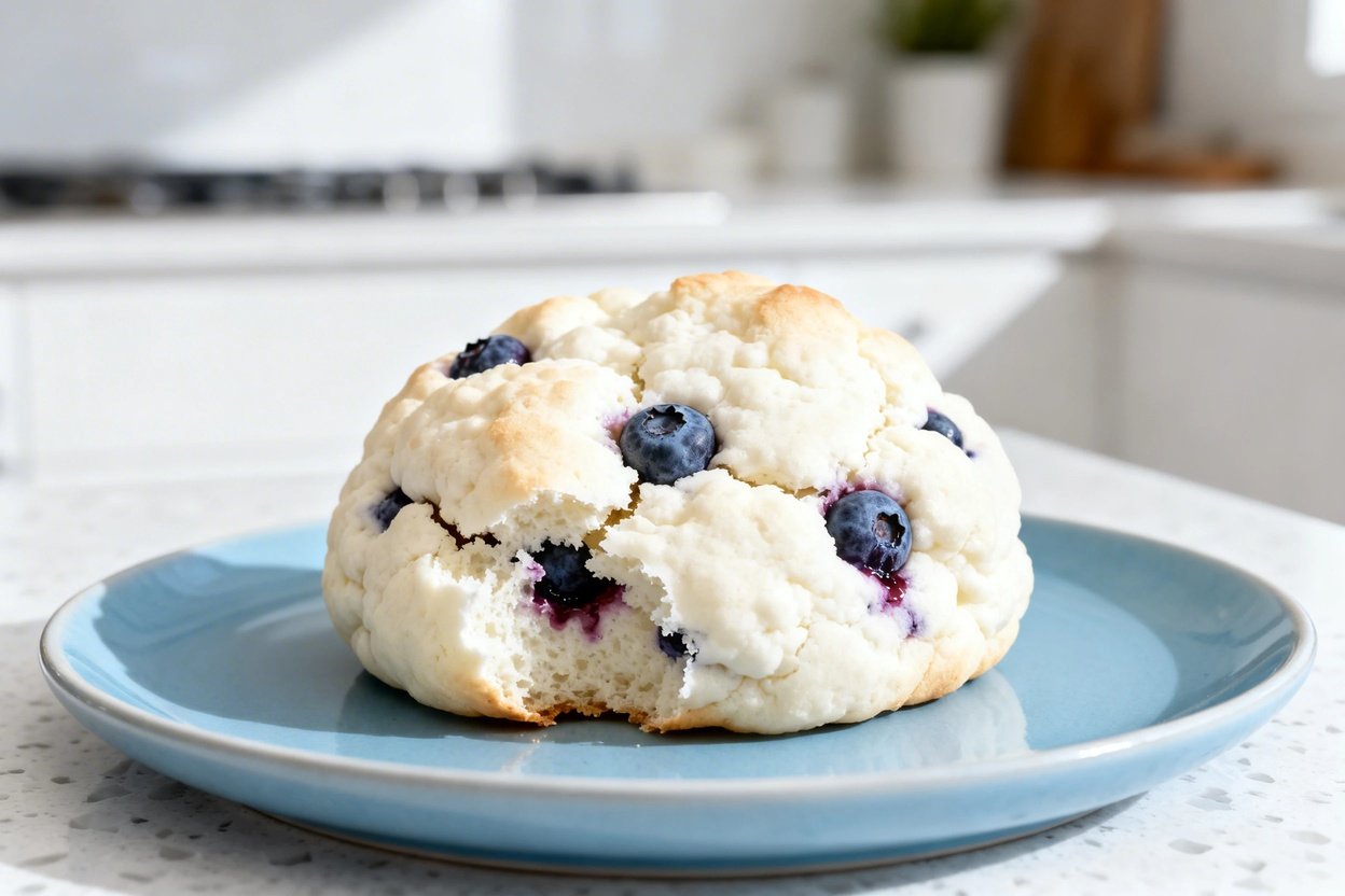  shot (about 40°) of the same finished fluffy cottage cheese blueberry cloud bread, same single pill
