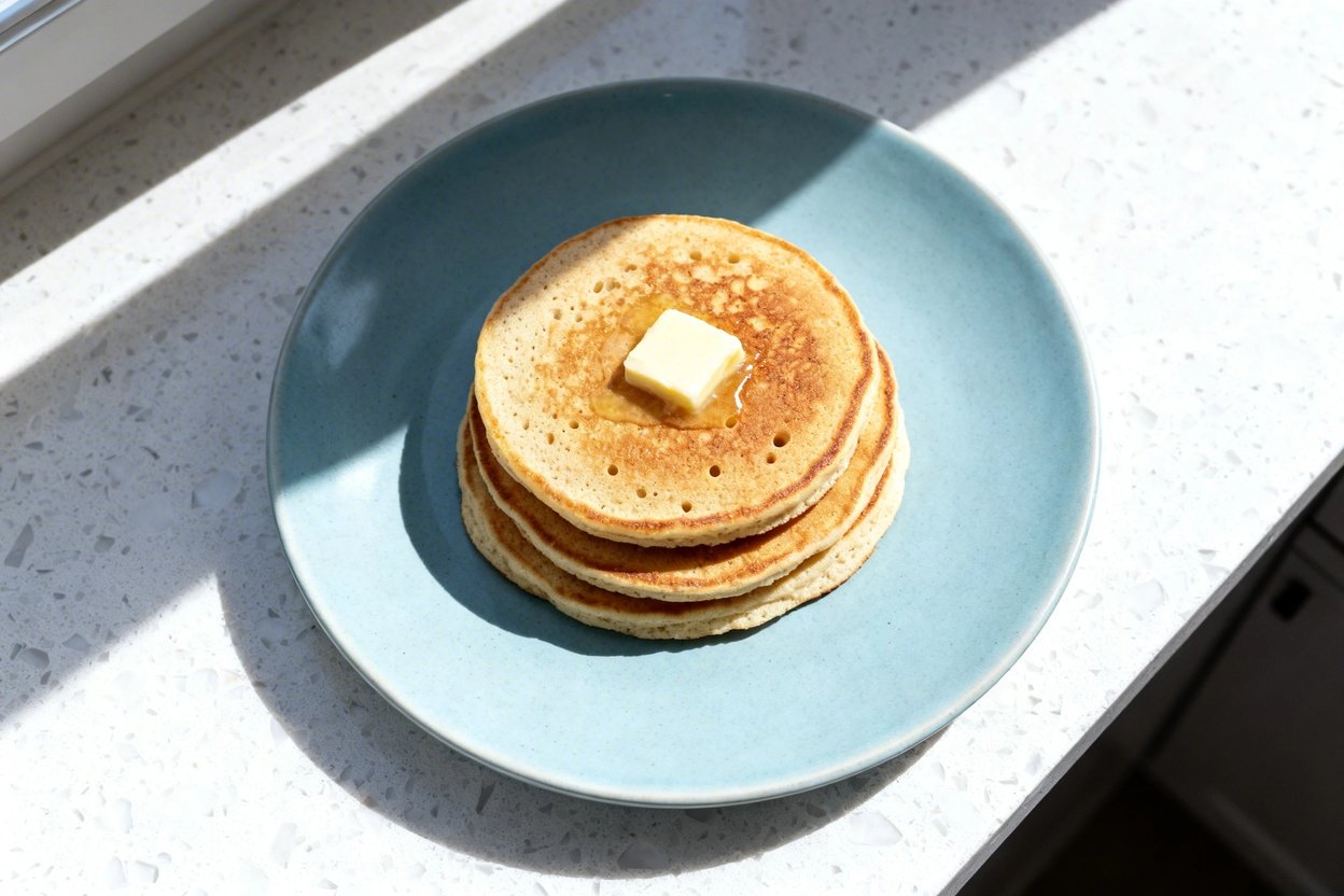 top-down food photo of a single serving of fluffy keto almond flour pancakes: a small stack of 3 pan