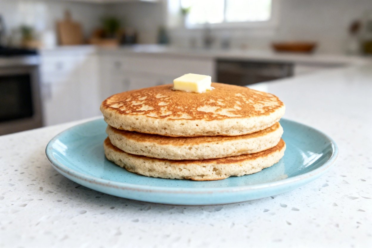 bout 35 degrees) realistic photo of the same finished dish: the identical stack of 3 fluffy keto alm