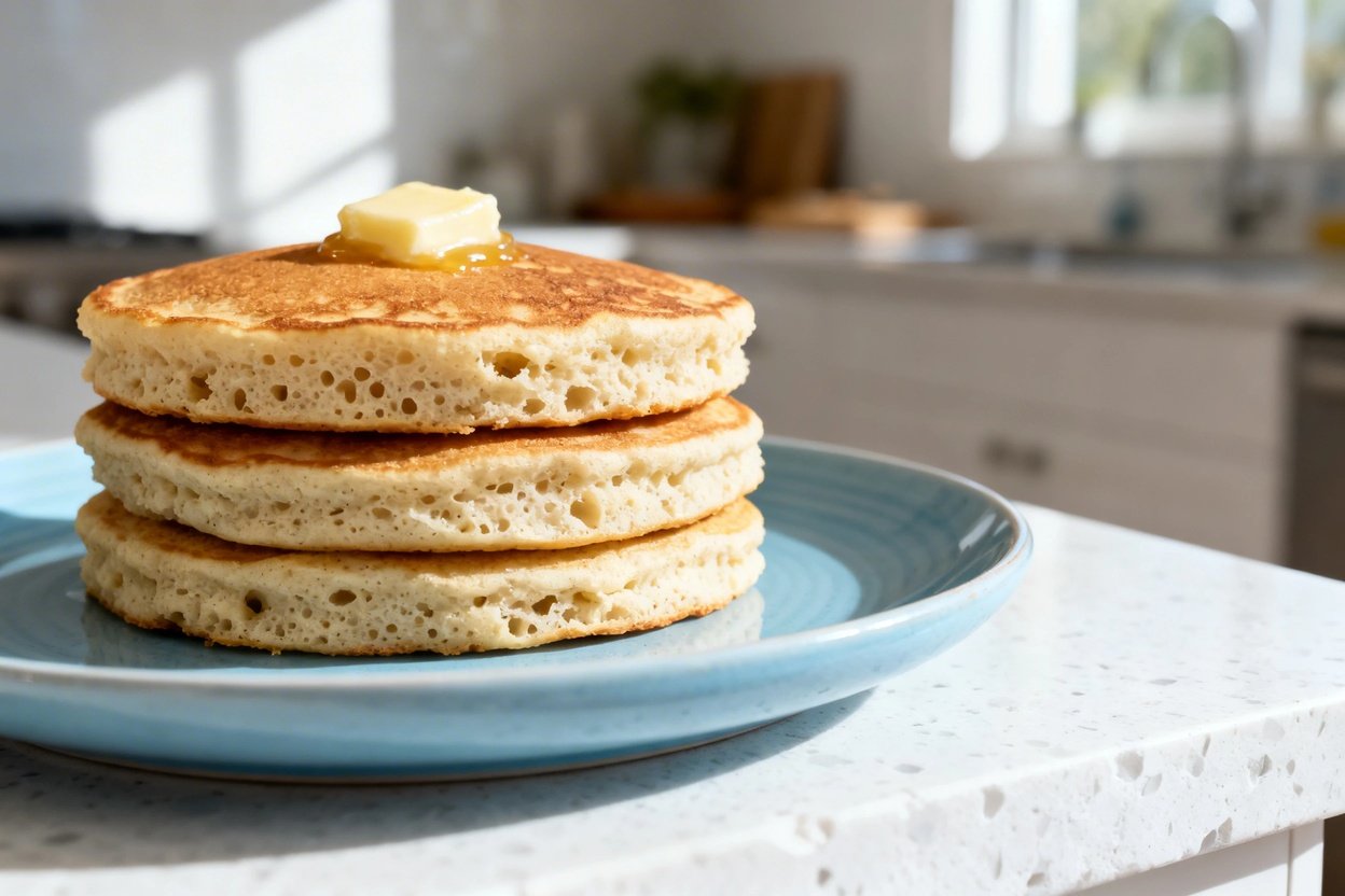  shot (about 40–45 degrees) of the same plated stack of 3 fluffy keto almond flour pancakes on the s
