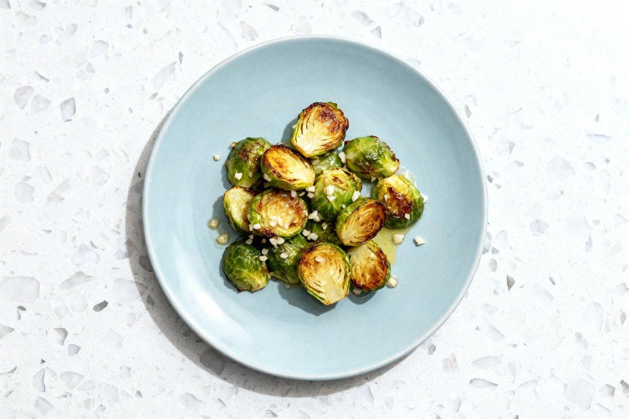 top-down food photo of the finished dish: garlic butter roasted Brussels sprouts, halved Brussels sp