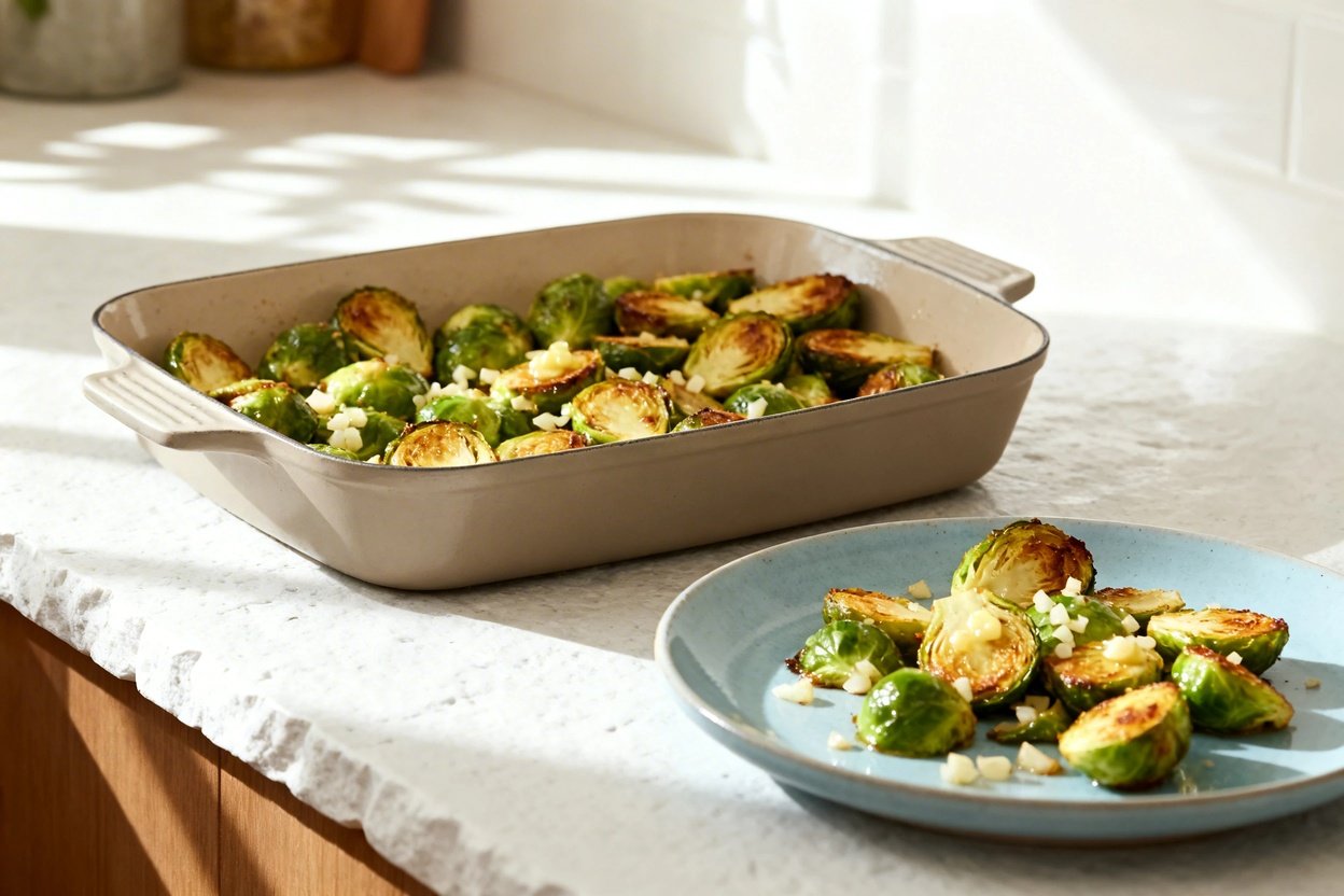 bout 35 degrees) realistic food photo of the same finished garlic butter roasted Brussels sprouts: h