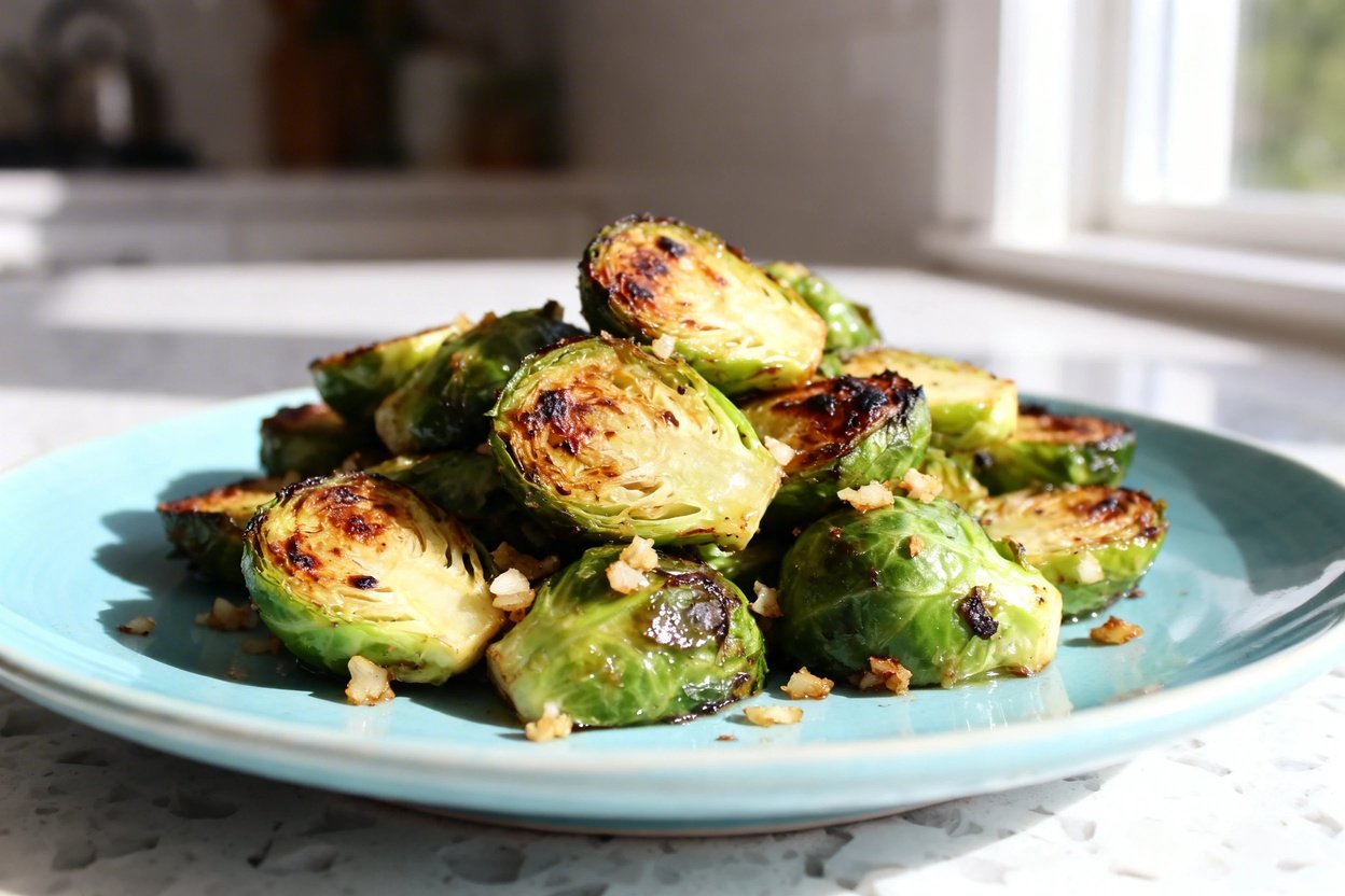  shot (about 40–45 degrees) of the same plated garlic butter roasted Brussels sprouts on the same li