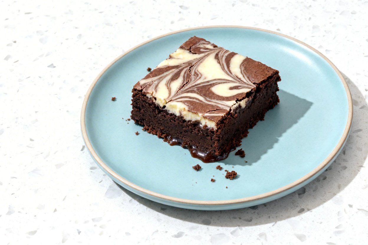 top-down food photo of a single serving of keto chocolate cream cheese brownies: one dense, fudgy br