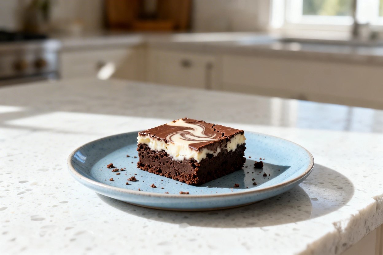 0–40 degree) photo of the exact same finished keto chocolate cream cheese brownies: the same brownie