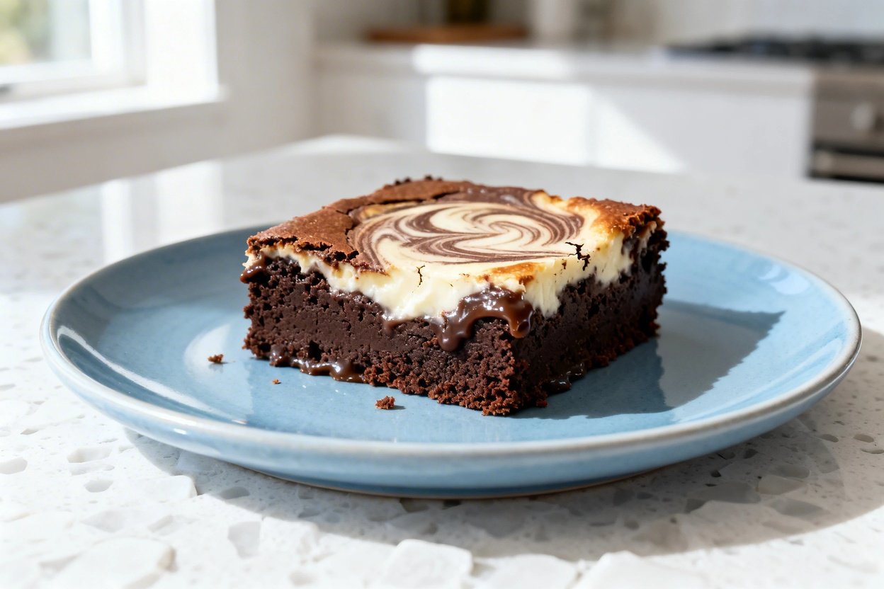  shot (30–45 degrees) of the same keto chocolate cream cheese brownie square on the same light blue 