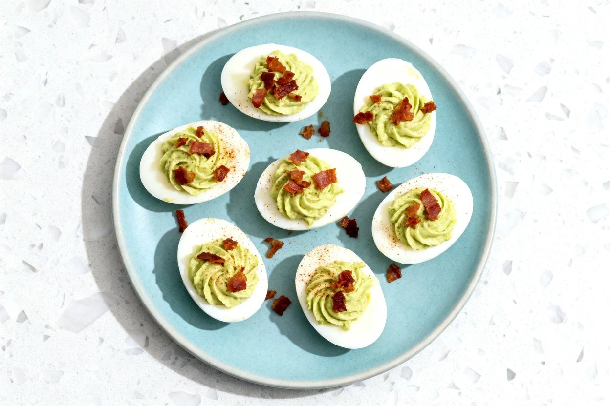 top-down food photo of keto avocado bacon deviled eggs: a single serving of halved hard-boiled eggs