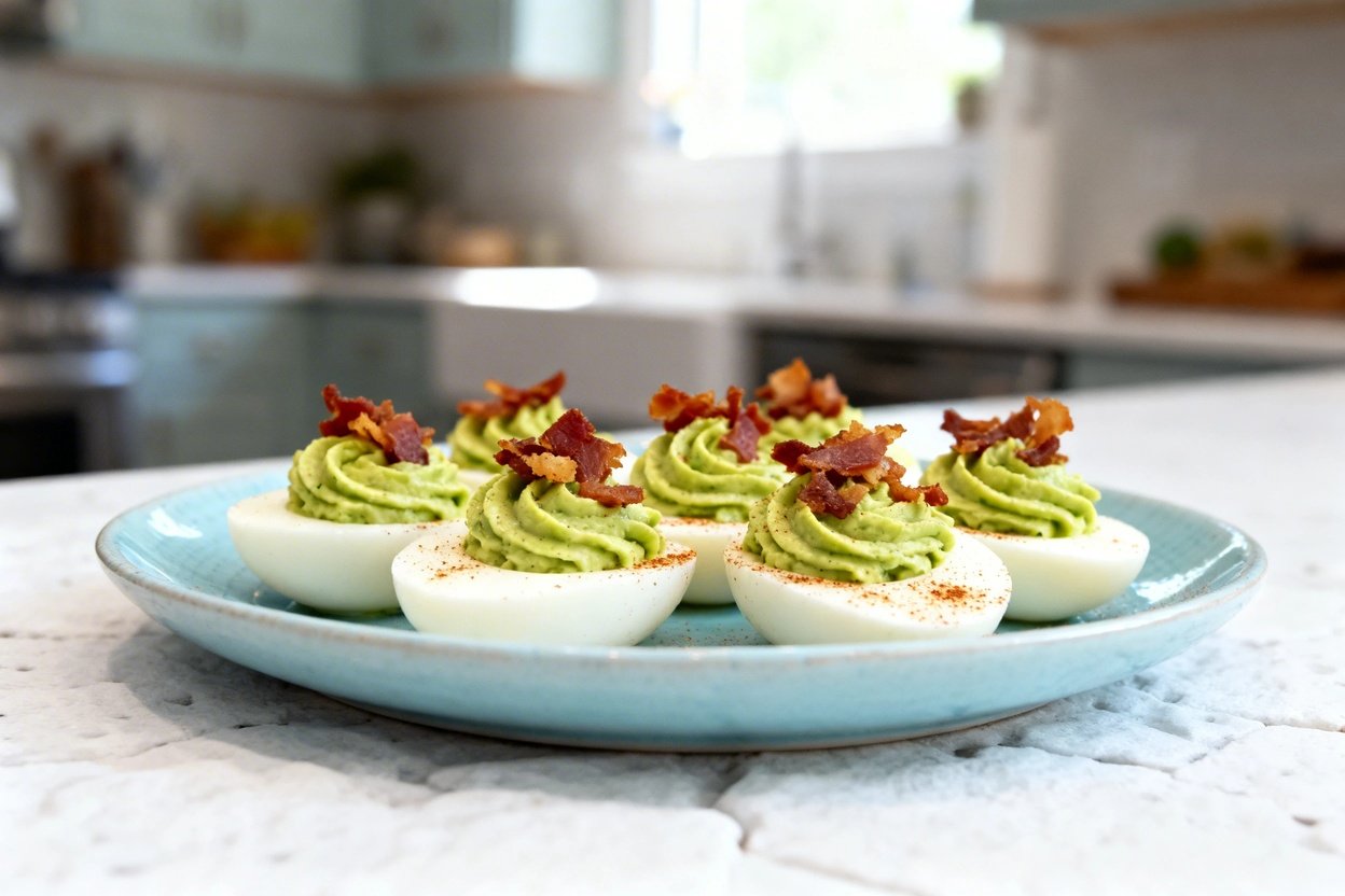 bout 35°) realistic food photograph of the exact same keto avocado bacon deviled eggs, same portion