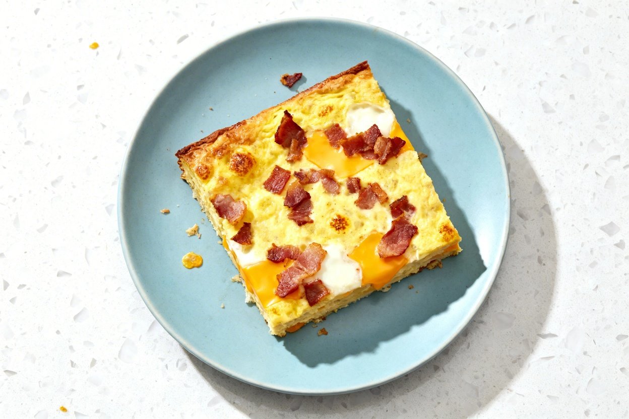 top-down food photograph of a single serving square of bacon cheese sheet pan frittata centered on a