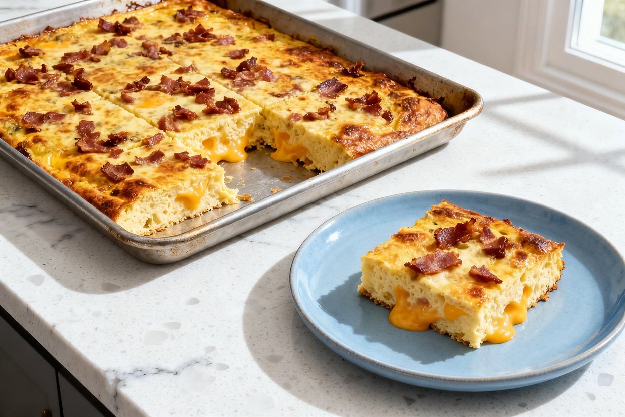 –40 degree camera view of the same bacon cheese sheet pan frittata presented as a generous batch in