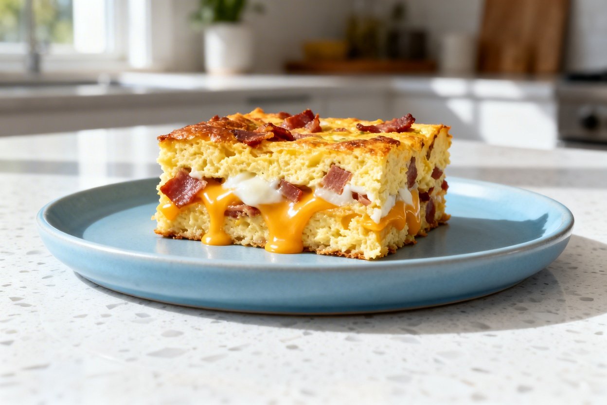  shot at 30–45 degrees of the same single square serving of bacon cheese sheet pan frittata on the s