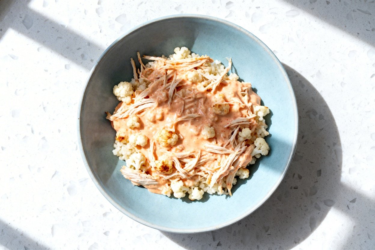 top-down food photo of a single serving of keto bang bang chicken casserole: creamy, spicy-sweet shr