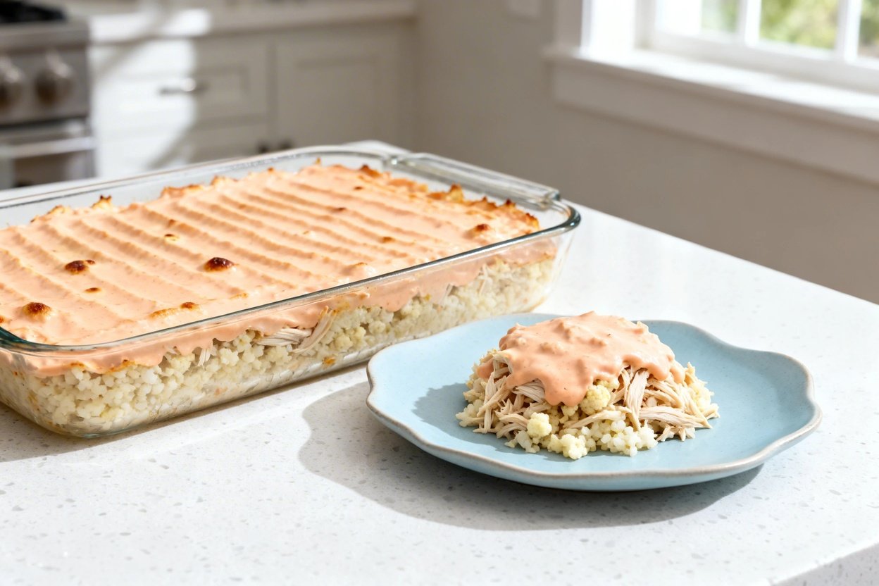 –40 degree perspective photo of the same finished keto bang bang chicken casserole (same creamy shre