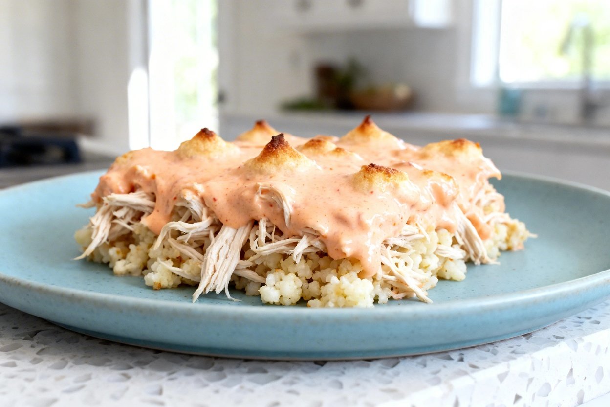  shot at 30–45 degrees of the same plated keto bang bang chicken casserole on the identical light bl