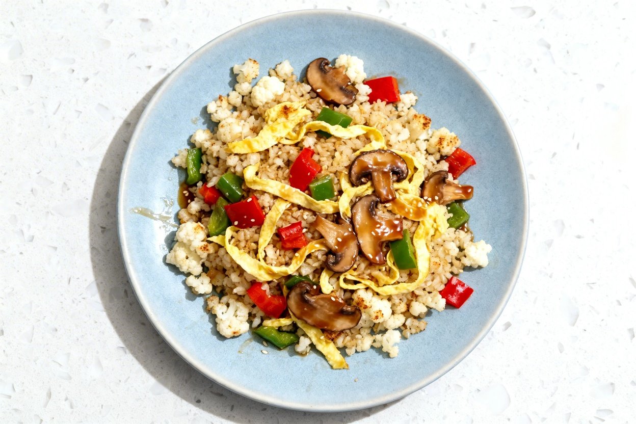 top-down food photograph of a single serving of keto cauliflower fried rice centered on a light blu