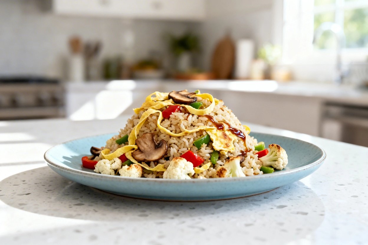 food photo (about 30–45 degrees) of the same finished keto cauliflower fried rice plated on the sam